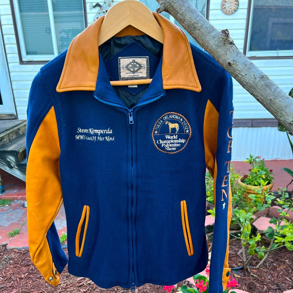 2012 Tioga Territory Ltd World Championship Blue Wool Leather Bomber Jacket Kids